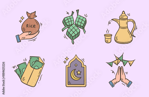 Eid al fitr doodle icon collection. Ramadan hand drawn illustration set. Eid Mubarak celebration activity background containing rice, ketupat, kettle, money gift, crescent moon and forgiving hands.