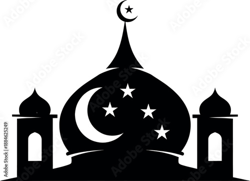 Black silhouette of a mosque with a crescent moon and stars