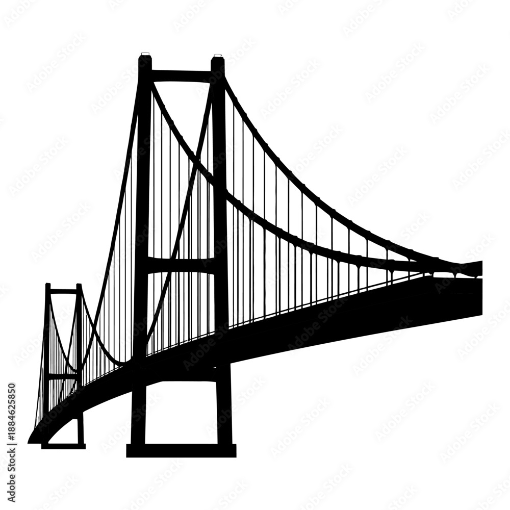 Fototapeta premium Suspension bridge silhouette showing architectural engineering structure with cables and towers for urban transportation infrastructure travel concept isolated over white background