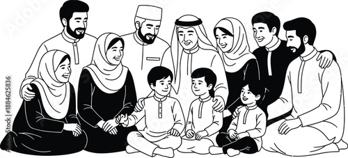 A black and white illustration of a muslim family isolated on transparent background