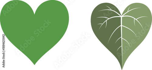 A simple green heart symbol and a green leaf heart symbol representing nature and organic love