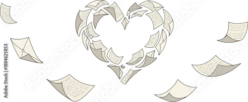 Heart formed from flying papers with a textured design, symbolizing love and communication through written word