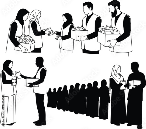 Black and white illustration of people giving and receiving items isolated on transparent background