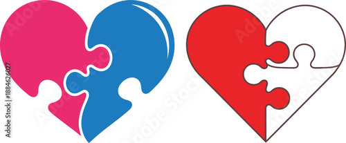 Abstract vector graphic depicting colorful heart puzzle pieces coming together, symbolizing harmonious relationships, mutual understanding, and the perfect match of love and connection