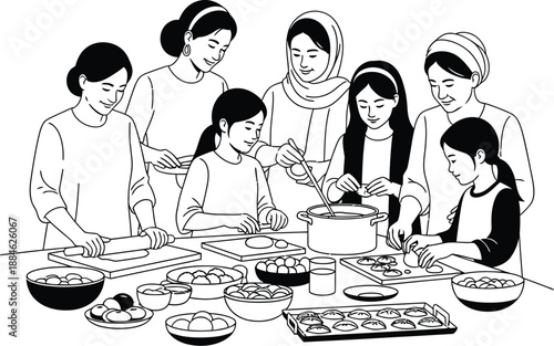A group of people gathered around a table preparing food isolated on transparent background