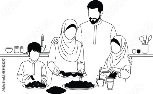 A muslim family preparing dates together isolated on transparent background