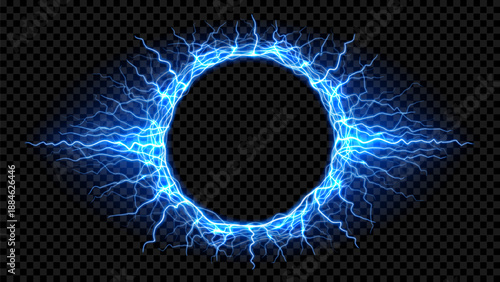 Bright electrical round discharge. Vector realistic circular lightning isolated on dark checkered background. Light-blue bright thunderstorm   forms energy electrical portal.