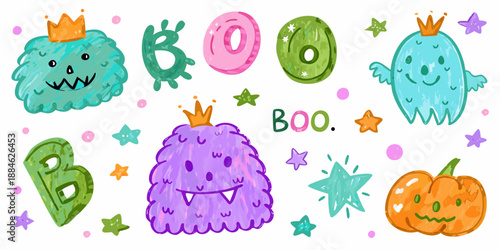 Cute hand drawn halloween monsters pumpkins and stars pattern illustration