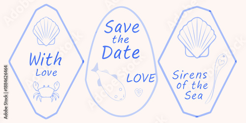 Sketch of save the date cards with seashells crabs and a whale