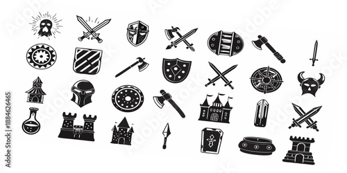 A collection of medieval weaponry and armor icons in a black and white style