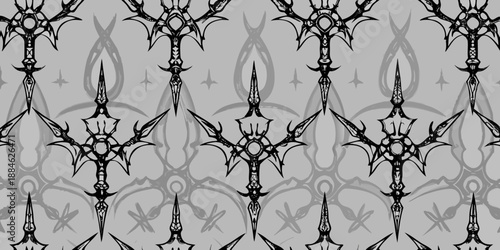 Intricate black ornamental swords repeating in a symmetrical pattern on grey background