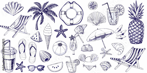A collection of hand drawn summer elements beach tropical fruits and vacation items