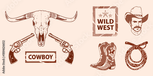 Vintage western elements skull cowboy hat revolvers boots and lasso design