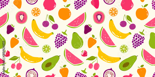 Vibrant fruit pattern with bananas watermelon citrus and tropical varieties
