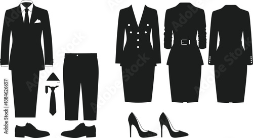 Business formal clothing silhouettes illustration set, men and women office wear outfits collection, professional fashion icons isolated on white background