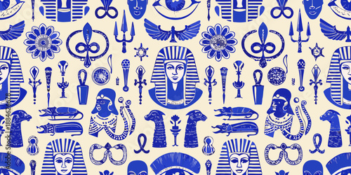 Intricate blue and white pattern featuring ancient egyptian symbols and mythological figures