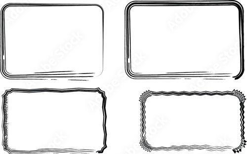 Set of four hand-drawn sketchy rectangular frames with brush stroke borders for creative design and doodle elements