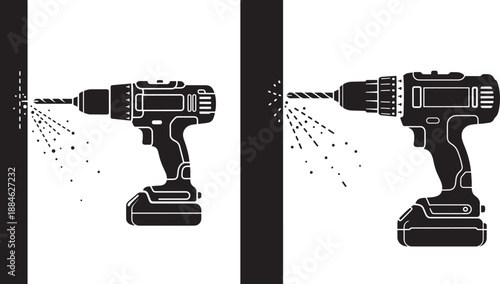 Silhouette of drill and wood with sawdust tool