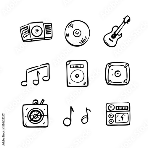 Collection of hand-drawn musical icons for design and media