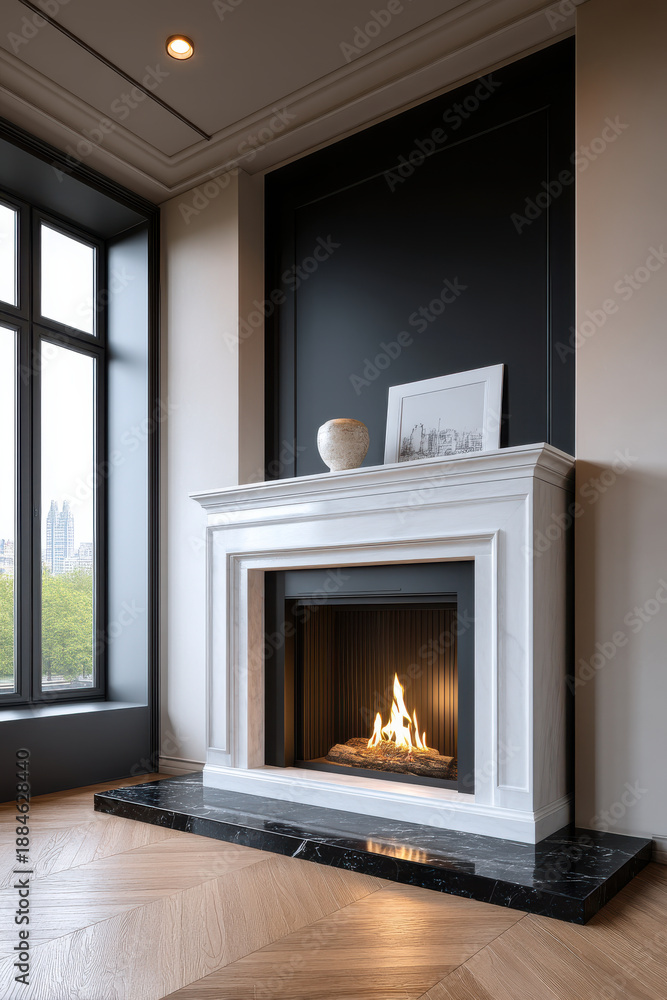 Obraz premium Elegant fireplace white marble modern living room black accent wall city view natural light cozy decorative vase framed art