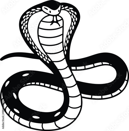 Majestic Cobra Illustration: A stylized representation of a cobra with its hood spread, symbolizing alertness and power, rendered in striking black and white