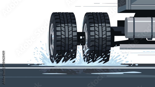 Truck's dual wheels making significant splashes as it drives through standing water on a dark road, indicating movement during rain.