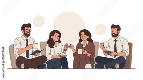 Diverse colleagues collaborating and drinking coffee in a relaxed meeting