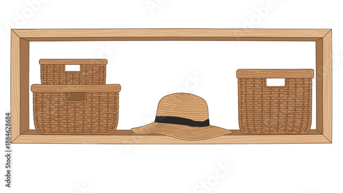 Simple wooden shelf featuring two intricately woven baskets and a stylish straw hat, representing organized home decor and storage.