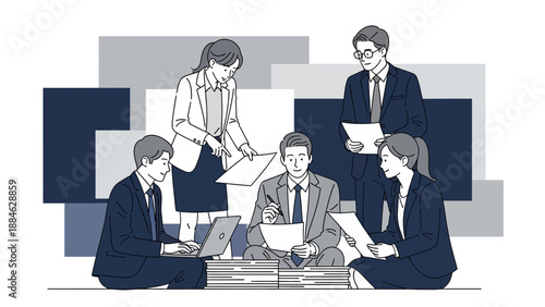 Diverse business team collaborating on project with documents and laptop