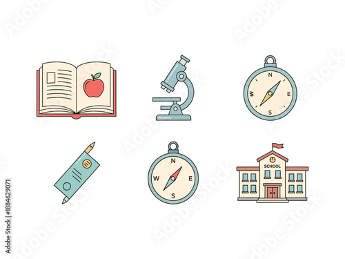Back to school icons book apple microscope compass pencil holder school building