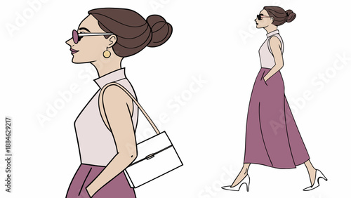 Female cartoon model wearing an oversized blazer and sophisticated skirt, high heels, crossbody bag, clear sunglasses, and her hair styled in a high ponytail.