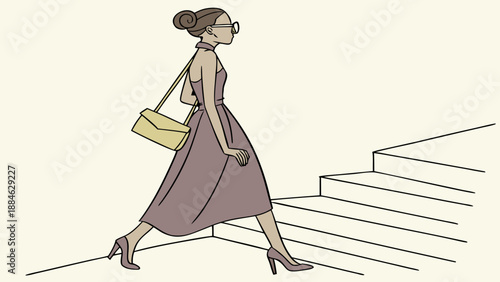 Female cartoon model wearing a sophisticated evening dress, high heels, minimalist clutch, fashionable transparent sunglasses, and half-up hairstyle.