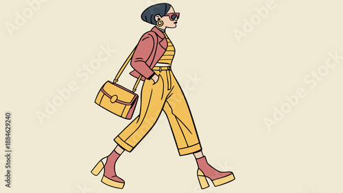 Female cartoon model with an urban chic look, block heels, structured bag, rectangular sunglasses, short pixie haircut.