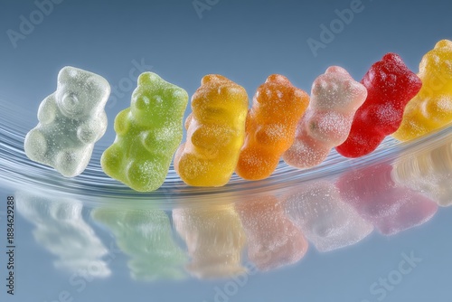 Vivid gummy bears in a neat row on a shiny surface with blue backdrop evoke playful childhood nostalgia and modern candy branding