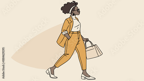 Female cartoon model wearing an elegant midi dress, handbag, cat-eye sunglasses, and styled voluminous curly hair.
