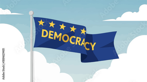 A blue flag with yellow stars and the word "DEMOCRACY" flutters