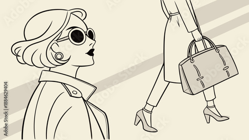 Female cartoon model wearing a modern suit, stiletto heels, minimalist bag, fashionable eyeglasses, and medium-length straight hair with a center part.