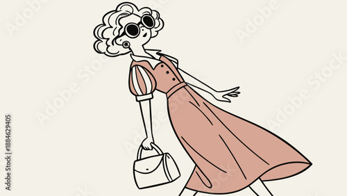 Female cartoon model with a premium monochromatic look, high heels, leather bag, round glasses, short wavy hair.