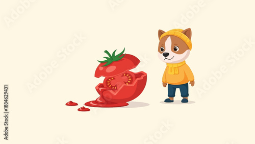 A cartoon dog wearing a yellow hat and sweater stands near a tomato that has burst open