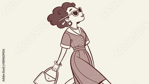 Female cartoon model with a premium monochromatic look, high heels, leather bag, round glasses, short wavy hair.