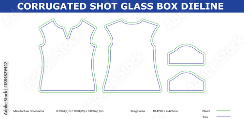 A technical drawing of a corrugated shot glass box die line with detailed dimensions and design specifications.
