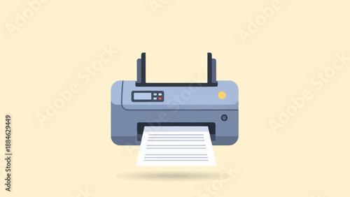 A blue printer with paper output and input on a plain background