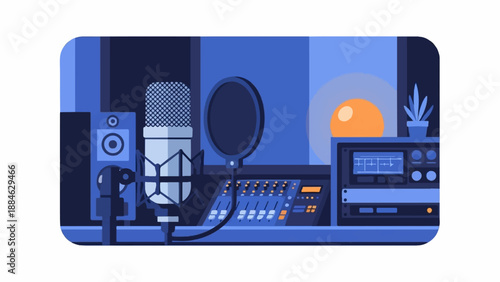 A blue recording studio setup with microphone, mixer, speaker, and console