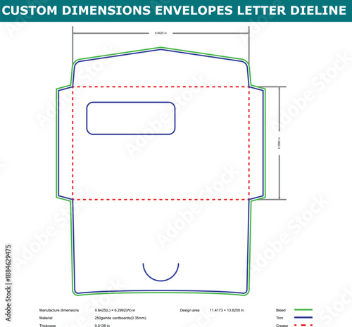 A technical diagram of custom dimensions envelopes with a letter die line template