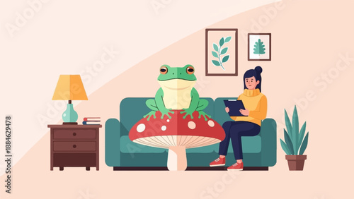 A cartoon frog sits on a mushroom as a person reads a tablet
