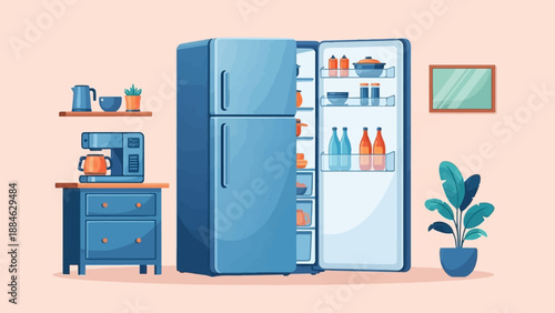A blue refrigerator is open, revealing contents, with a coffee maker and plant nearby