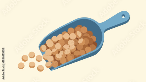 A blue scoop filled with light brown legumes is tilted to spill some