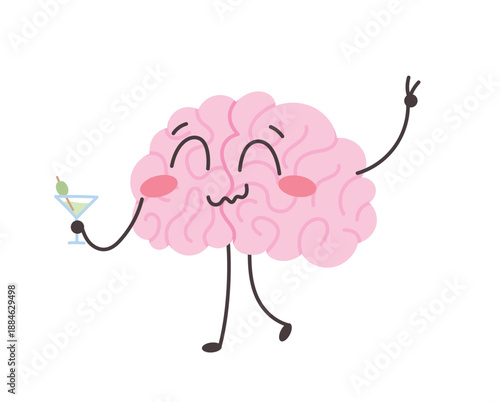 Funny brain character with a cocktail. Emotional mascot is having fun. Vector illustration isolated