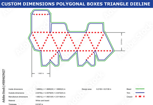 A technical diagram of custom polygonal boxes with precise dimensions and triangle die line