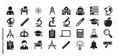 Education and School Icons Set. Learning vector, Study and Knowledge Line Icons, Education Tools and Academic Symbols. vector illustration eps 10